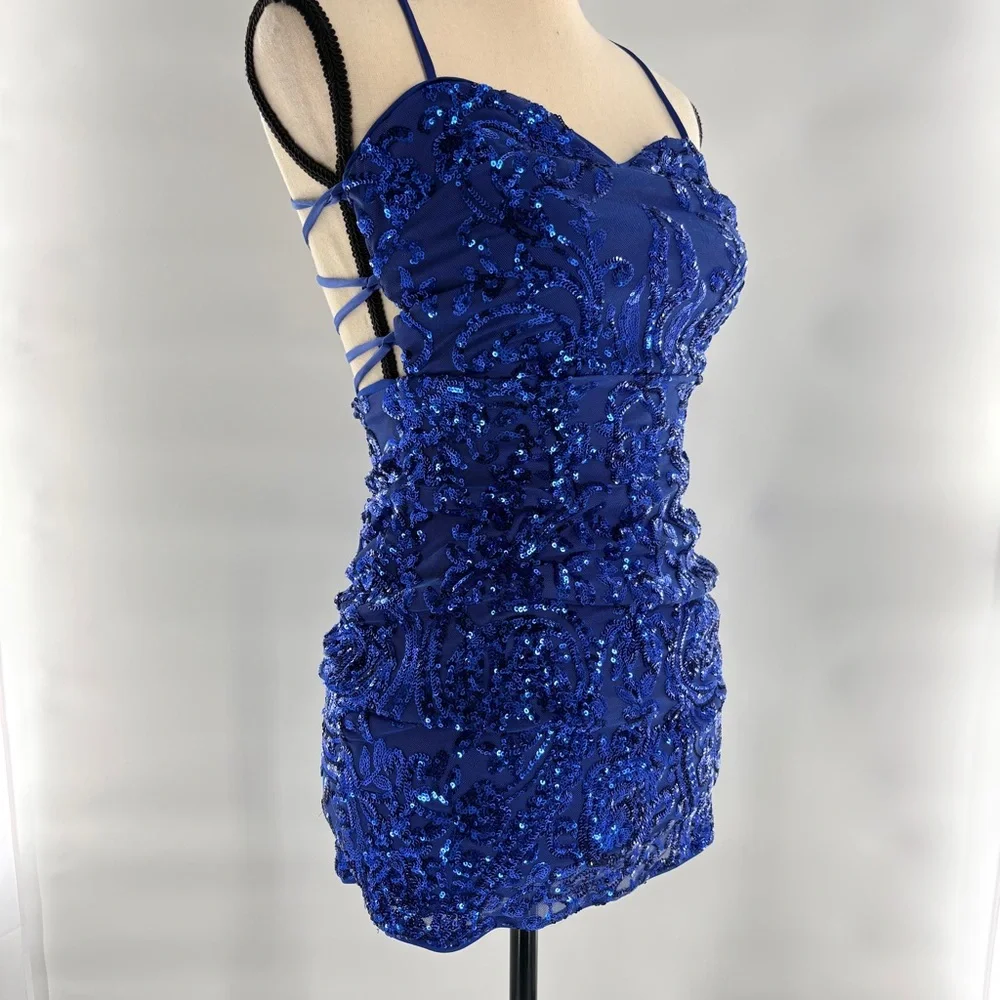 Lulus Elegant Blue Mini Sequin Dress S Homecoming Prom Navy sparkly open back